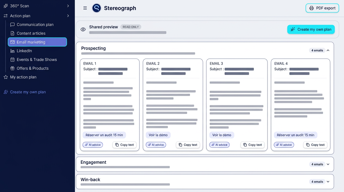 Illustration of the Zenboost Email marketing module: a prospecting sequence of four written emails with subject lines and action buttons
