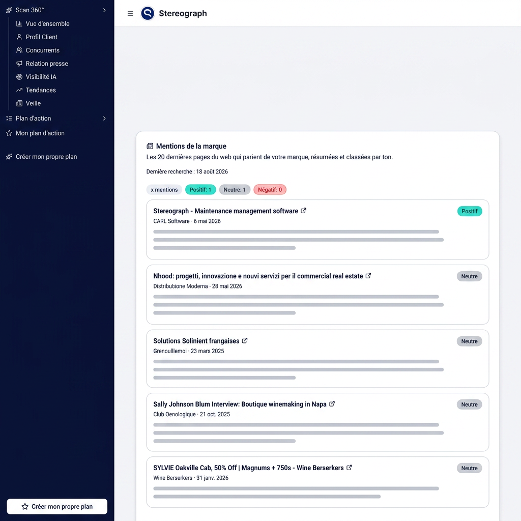 Illustration du module Relation presse Zenboost : liste de mentions de la marque avec source, date et badge de tonalité positive, neutre ou négative