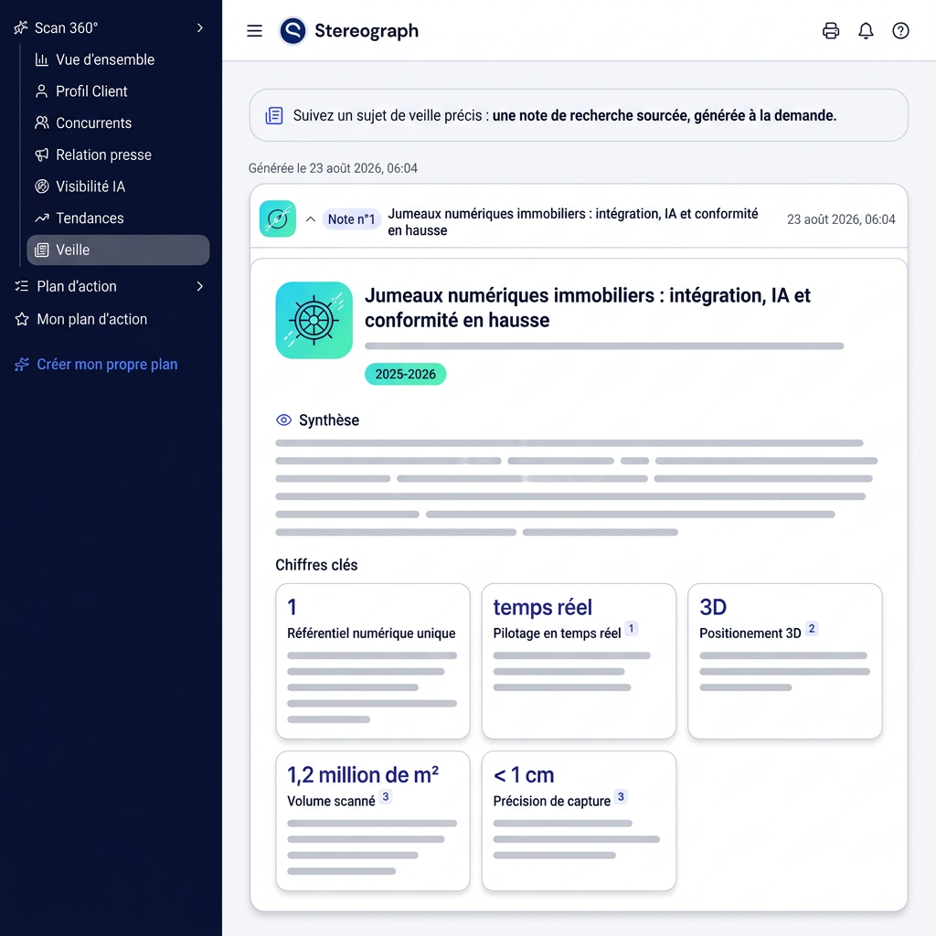 Illustration du module Veille Zenboost : note de recherche avec synthèse, chiffres clés et sources, et historique des notes précédentes