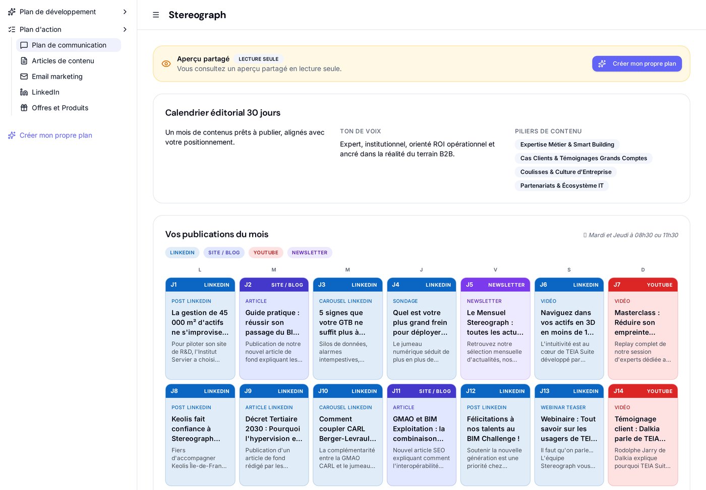 Capture de l'onglet Plan de communication d'un plan Zenboost